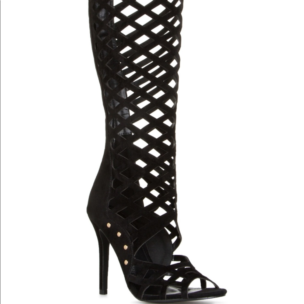 Sexy Black Gladiator Boots Open Cut Heels 5.5